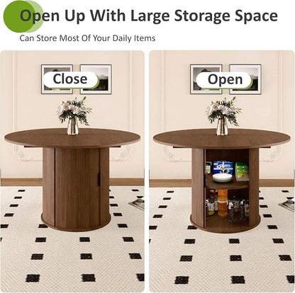 Dining Table for 4-6,59“Extendable Round Dining Room Kitchen Table with Storage,Round Table for Living Room,Fluted Wood Table with Slide Door,Expandable Oval Dinner Furniture with Pedestal Base,Walnut