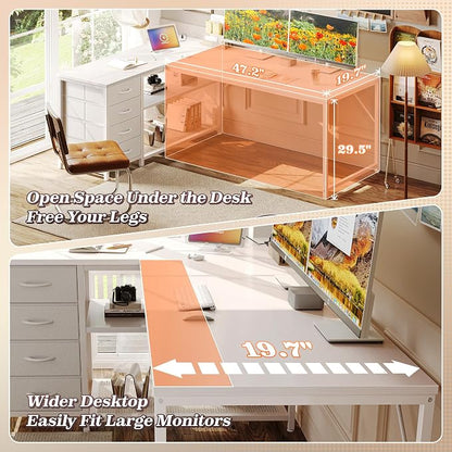 PRAISUN 61" L Shaped Desk with Power Outlets & USB-C Port, Reversible Computer Corner Office Desk with 4 Fabric Drawers and 2 Storage Shelves, Large Desk for Gaming Writing Study, White