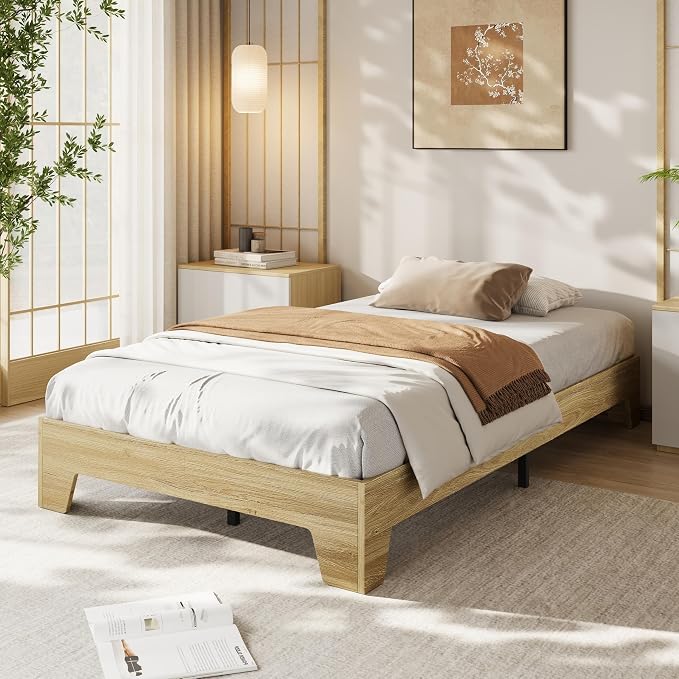 IDEALHOUSE Twin Size Wood Bed Frame,Platform Nature Bed with Strong Wooden Slats,No Box Spring Needed,Minimalist Bedroom Furniture,Contemporary Wooden Bed Frame,Easy Assembly