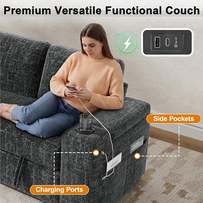 Vipbear Premium 86" Modular Sectional Sleeper Sofa, 5 Seat Sleeper Sofa with Pull Out Bed for Living Room, L Shaped Couch with Storage Chaise|USB Ports|Cup Holders|Storage Armrests|Side Table, Gray