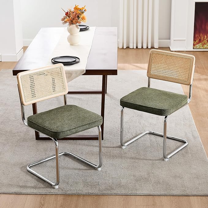 Zesthouse Natural Rattan Dining Chairs Set of 4, Mid Century Modern Dining Chairs with Solid Wood Back & Chrome Base, for Kitchen Living Room, Breuer Design Inspired, Upholstered Linen Fabric, Green