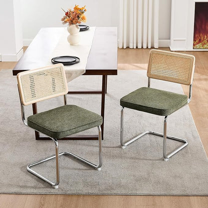 Zesthouse Natural Rattan Dining Chairs Set of 2, Mid Century Modern Dining Chairs with Solid Wood Back & Chrome Base, for Kitchen Living Room, Breuer Design Inspired, Upholstered Linen Fabric, Green