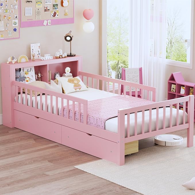 Kids Twin Size Bed Frame with Storage Drawers and Bookcase,Wood Twin Bed Frames for Kids,Twin Bed Frame with Headboard and Footboard for Boys Girls,No Box Spring Needed,Pink