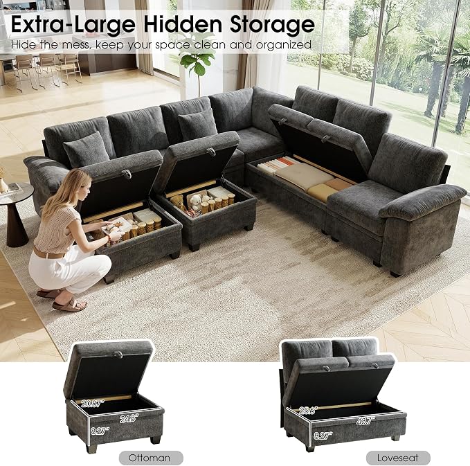 107.8" Oversized Modular Sectional Sofa with Pull Out Bed, 9 Seat U Shaped Sectional Sleeper Sofa with 291L Storage, Convertible Cloud Couch Bed, Sectional Couches for Living Room, Apartment (Gray)