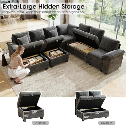 107.8" Oversized Modular Sectional Sofa with Pull Out Bed, 9 Seat U Shaped Sectional Sleeper Sofa with 291L Storage, Convertible Cloud Couch Bed, Sectional Couches for Living Room, Apartment (Gray)