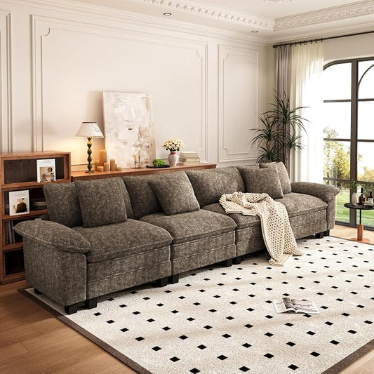 PHI VILLA Cloud Modular Couches Sets, 157.5" Sectional Sofa with Upholstered Deep Seat, 4-Seater Long Couches for Living Room Apartment, Chenille Grayish Brown