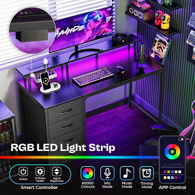 Huuger 47 Inch Computer Desk with Power Outlets and LED Lights, Gaming Desk with 4 Drawers, Office Desk with Monitor Stand, Study Work Home Office, Small Spaces, Black