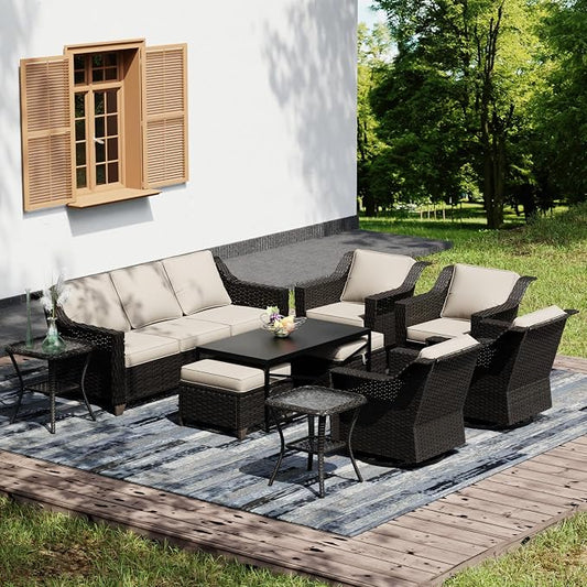 Joyside Wicker Patio Furniture Sets, 10 Pieces Upgraded Large Size Outdoor Furniture with 4 Swivel Rocking Patio Chairs, 3-Seat Sofa, Outdoor Ottoman, Thick Cushions, Wide Armrest, Beige