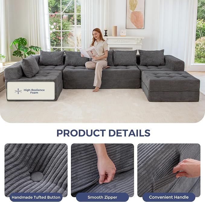 MAXYOYO Modular Sectional Sofa Couch, Foldable U Shaped Cloud Couch with Pillows, Tufted 7-Seat Boneless Lounger Floor Sofa Bed for Living Room, No Assembly Required, Dark Grey