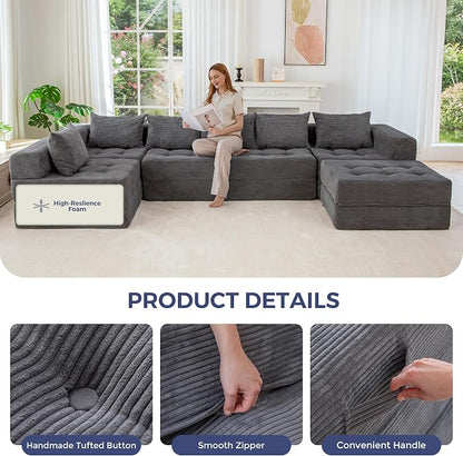MAXYOYO Modular Sectional Sofa Couch, Foldable U Shaped Cloud Couch with Pillows, Tufted 7-Seat Boneless Lounger Floor Sofa Bed for Living Room, No Assembly Required, Dark Grey
