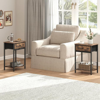 End Tables Bedroom, Night Stand with Drawers, Industrial nightstand, Nightstand with Fabric Bins, Bedside Table End Table for Bedroom, Closet, Entryway, College Dorm, Rustic Brown LNT0061BR