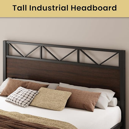 LIKIMIO California King Bed Frame, Tall Industrial Headboard 51.1 ", Platform Bed Frame with Strong Metal Support, Solid and Stable, Noise Free, No Box Spring Needed, Easy Assembly, Dark Brown