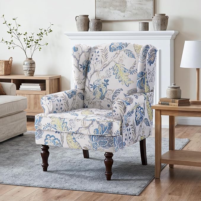 HUIMO Printed Wingback Accent Chair, Linen Upholstered High Back Armchair, Comfy Reading Chair for Living Room Bedroom Study, 300lbs Weight Capacity (1, Blue Floral)