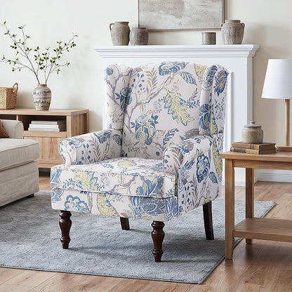 HUIMO Printed Wingback Accent Chair, Linen Upholstered High Back Armchair, Comfy Reading Chair for Living Room Bedroom Study, 300lbs Weight Capacity (1, Blue Floral)