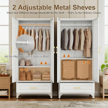 Metal Wardrobe Cabinets with Drawers,Black Armoire Wardrobe Closet with Hanging Rod,Clothes Storage Cabinet with Adjustable Shelves and Doors,Clothing Cabinet for Bedroom,Laundry Room