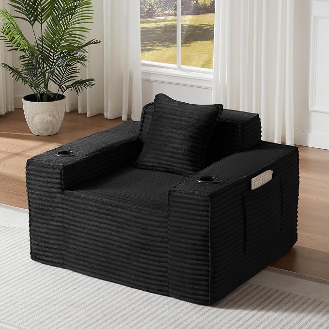 Boneless Sofa Couch with Cup Holders & Side Pockets, Modern Corduroy Fabric Deep Seat Single Cloud Couch for Reading Living Room Office, No Assembly (Black)