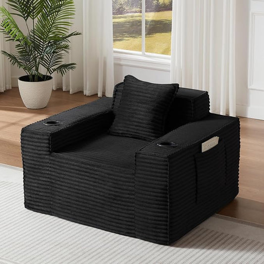 Boneless Sofa Couch with Cup Holders & Side Pockets, Modern Corduroy Fabric Deep Seat Single Cloud Couch for Reading Living Room Office, No Assembly (Black)