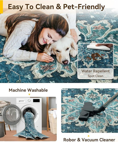 RELEANY Area Rugs 7'x10' Washable Non-Slip, Floral Vintage Distress Medallion Carpet for Living Room Bedroom Dining Room, Teal Green Lake Blue Turquoise