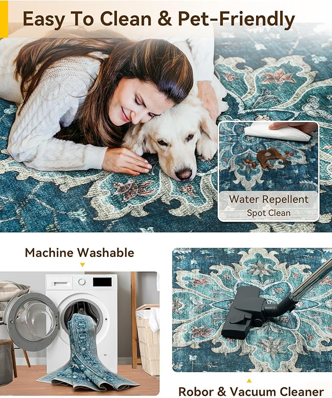 RELEANY Area Rugs 5'x8' Washable Non-Slip, Floral Vintage Distress Medallion Carpet for Living Room Bedroom Dining Room, Teal Green Lake Blue Turquoise