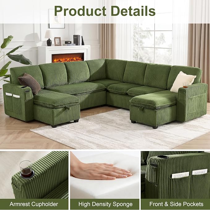 Oversized Sectional Sleeper Sofa with Pull Out Bed, Plush Corduroy 9 Seat Modular Sofa with Storage Chaise and Adjustable Backrest, Cloud Couches for Living Room, Apartment, Green