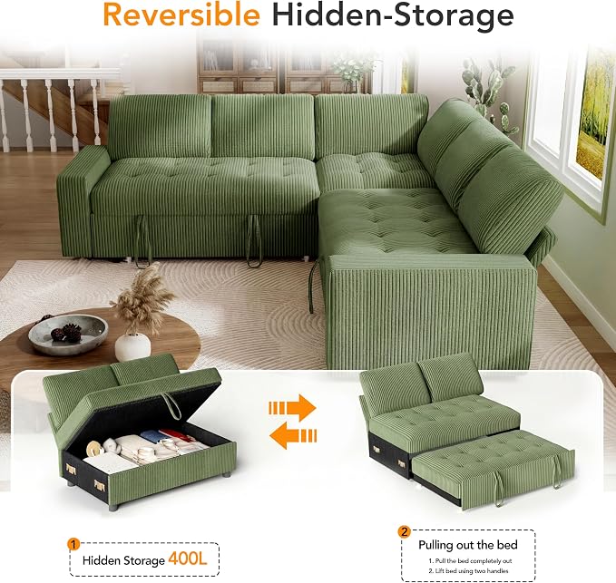 Sunny Heart Modular Sectional Sleeper Sofa with Pull Out Bed, Corduroy L Shaped Sectional Sofa with USB Ports/Adjustable Backrest/Storage Seats, Tool-Free Assembly, Couches for Living Room Green