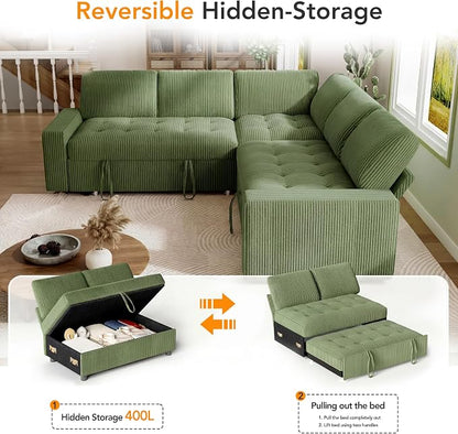 Sunny Heart Modular Sectional Sleeper Sofa with Pull Out Bed, Corduroy L Shaped Sectional Sofa with USB Ports/Adjustable Backrest/Storage Seats, Tool-Free Assembly, Couches for Living Room Green