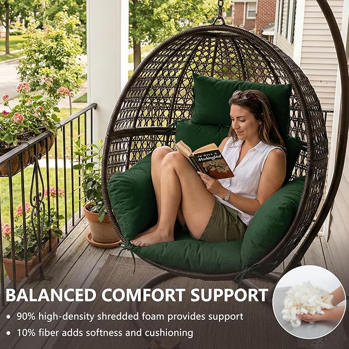 Egg Chair Cushion with 8 Securing Straps, Water-Repellent & Fade-Resistant Faux Linen, Removable Cover, Replacement Cushion for Most Single Outdoor Hanging Swing Egg Chairs – Olive Green