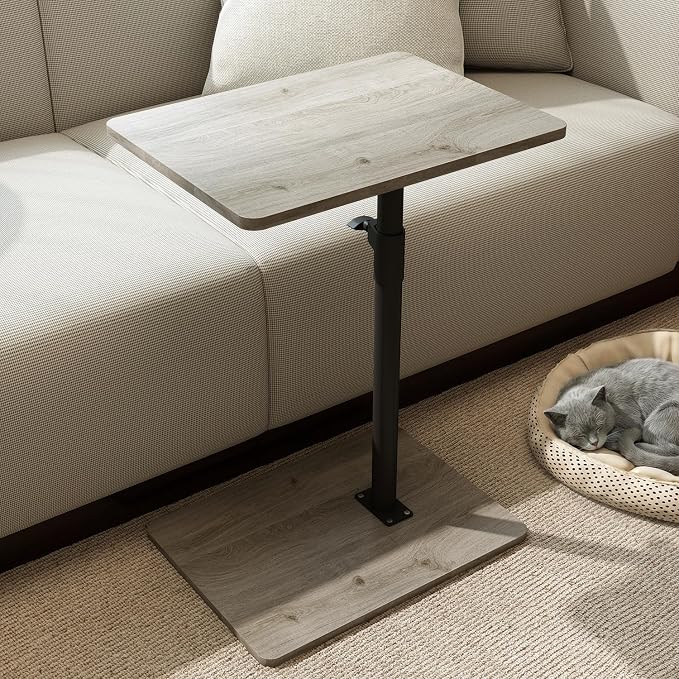 YUHFERA Sofa Armrest Tray Table for Couch - 360 Swivel Height Adjustable C Shaped End Table for Small Spaces, Snack Side Table for Bed or Chair with Phone & Tablet Slot (Gray, Enlarged)