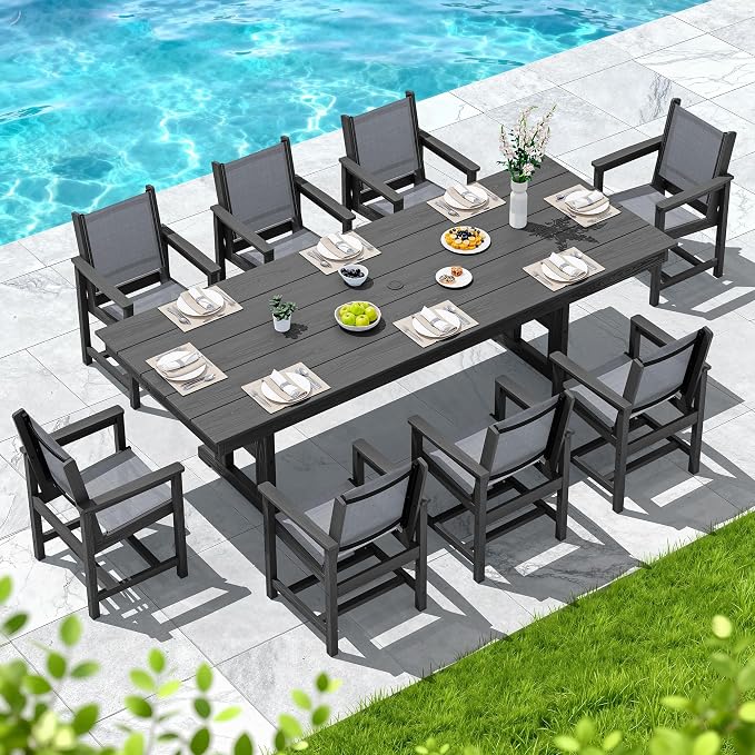 SERWALL 9 Piece 84" HDPE Outdoor Dining Set for 8 with Textilene Chairs and Umbrella Hole, Black/Gray