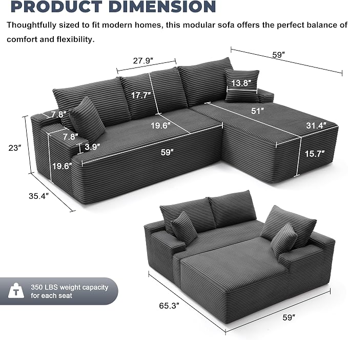Mangodan Cloud Sectional Sofa, Boneless Couch for Living Room, Modular Sectional Sofa with Deep Seat, Fluffy L-Shaped Comfy Couch with Right-Facing Chaise, No Assembly Required, Grey