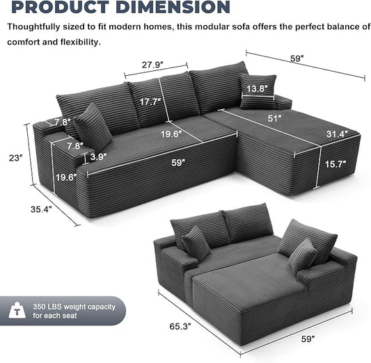 Mangodan Cloud Sectional Sofa, Boneless Couch for Living Room, Modular Sectional Sofa with Deep Seat, Fluffy L-Shaped Comfy Couch with Right-Facing Chaise, No Assembly Required, Grey