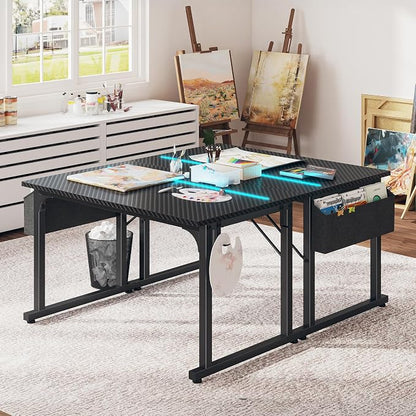 DurayLoly 40" Gaming Desk with Waterproof LED Lights, Carbon Fiber Desktop for Small Spaces | Home Office Study Computer Desk with Storage Bag & Headphone Hook, Black