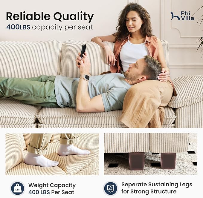 PHI VILLA Cloud Modular Couch Sets, 123.6" Sectional Sofa with L-Shaped Chaise, 4-Seater Upholstered Couches with Movable Ottoman for Living Room, Corduroy Fabric, Beige