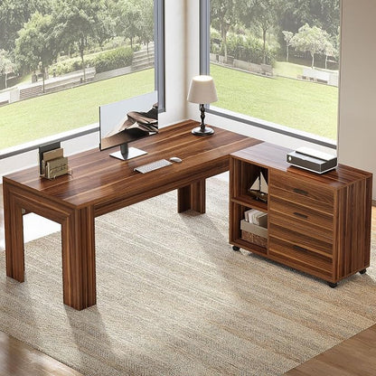Tribesigns 63" L Shaped Desk with File Cabinet, Large Executive Office Desk with Rolling Filing Cabinet, Long Computer Table with Drawers, Business Furniture Set for Home Office, Light Walnut