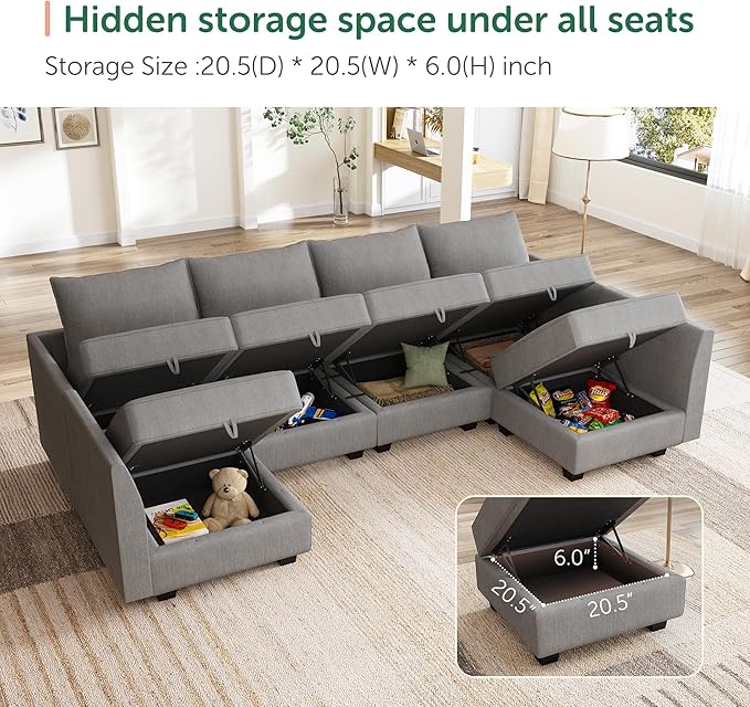 HONBAY Modular Sectional Sofa U Shaped Sectional Modular Sofa with Storage Convertible Sectional Couch for Living Room, Grey