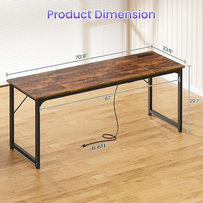 PRAISUN 70 X 24 Inch Office Computer Desk with Power Outlets and USB-C Port, Larger and Longer Gaming Desk, for Home Office, Study, Writing Work from Home Table, Metal Frame, Rustic Brown