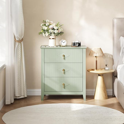 GarveeHome 2Pcs Wood Nightstand Fluted Dresser for Bedroom, 27.5" Wide 3-Drawer Bedside Tables, Modern Chest of Drawers, Storage End Table Living Room, Hallway, Entryway, Green