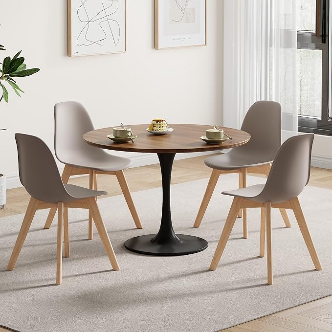 VECELO Dining Chairs Set of 4, Mid-Century Modern Kitchen & Dining Room Chairs, Molded Plastic Seat & Back, Solid Wood Legs, Armless, Non-Slip Feet, Grey
