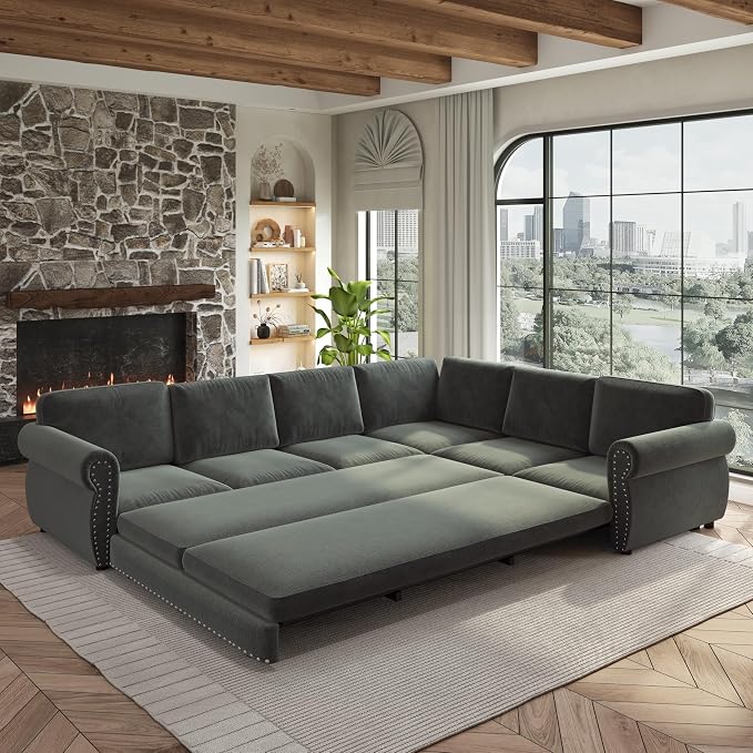 118" L-Shaped Sleeper Couch Bed - Oversize Convertible with Pull-Out Sofa Bed, Button Tufted Chesterfield Sofa, Chenille Sectional Vintage Couches for Living Room/Apartment(6-Seater, Dark Grey)