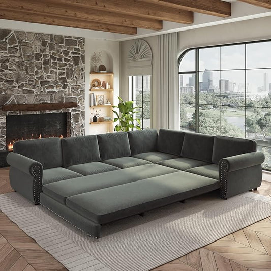 118" L-Shaped Sleeper Couch Bed - Oversize Convertible with Pull-Out Sofa Bed, Button Tufted Chesterfield Sofa, Chenille Sectional Vintage Couches for Living Room/Apartment(6-Seater, Dark Grey)