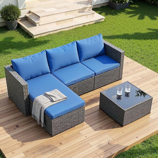 Shintenchi 4 Pieces Patio Furniture Set, 2-in-1 Convertible Sectional Sofa & Chaise Lounge, All-Weather Wicker Rattan Sofa Couch with Cushions & Coffee Table for Yard, Garden, Porch, Poolside (Blue)