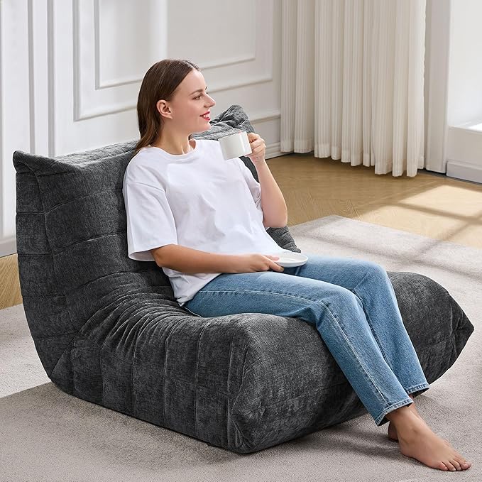 Hobestluk Adults Bean Bag Chair Faux Fur BeanBag Couch for Living Room | Darkgrey Chenille,Ergonomic Design,Memory Foam,Anti-slip Bottom,No Assembly Required,Decorative Style for Living Room