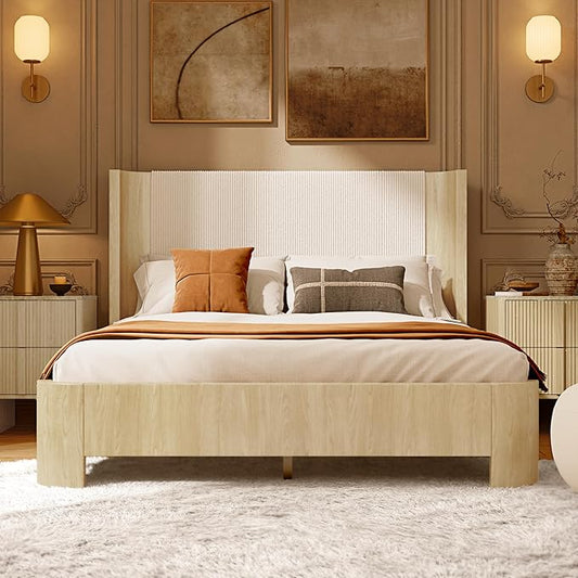 Queen Size Upholstered Platform Bed Frame with Wingback Headboard, Motion-Sensing LED Lights, Sturdy Slats, Mattress-Lock Footboard, PU Leather,No Box Spring Needed, Easy Assembly, Whitewashed Oak