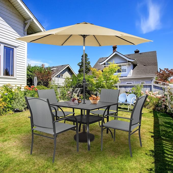 SUNCROWN 6 - Piece Outdoor Dining Set, Patio Furniture Set with 4 Textilene Dinning Chairs, 1 Steel Slat Metal Bistro Table and 1 Brown 9Ft Patio Umbrella for Lawn Garden Backyard Deck, Grey