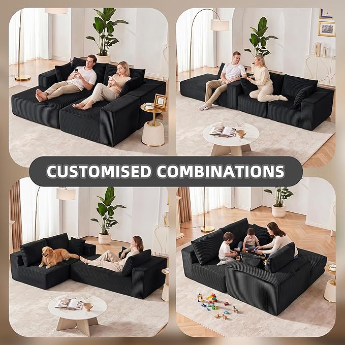 108” Modular Sectional Sofa, Cloud Sectional Couch with Deep Seat, Modern Modular L-Shape Sofa Couch with Chaise,Upholstered Boneless Couches for Living Room Bedroom (Black, Right Facing Chaise)