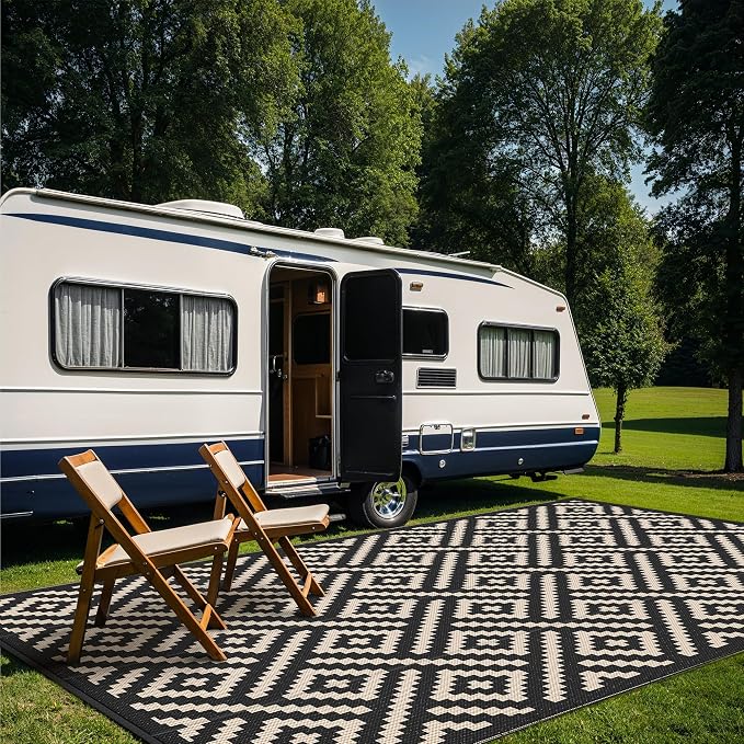 GENIMO Outdoor Rug for Patio Clearance, 10'x14' Waterproof Large Camping Mat, Reversible Plastic Straw Rugs for RV, Camper, Balcony, Backyard, Picnic, Deck (Black & Beige)