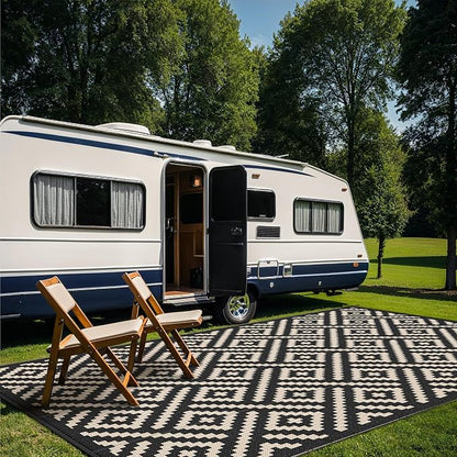 GENIMO Outdoor Rug for Patio Clearance, 10'x14' Waterproof Large Camping Mat, Reversible Plastic Straw Rugs for RV, Camper, Balcony, Backyard, Picnic, Deck (Black & Beige)
