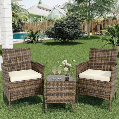3 Piece Outdoor Patio Furniture Set, All-Weather Brown Wicker Rattan Conversation Set with Cushions, Chairs & Coffee Table for Porch, Backyard & Balcony