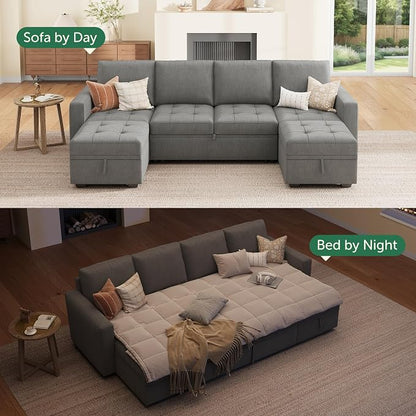 HONBAY Modular Sectional Sleeper Sofa with Pull Out Bed,U Shaped Couch with Storage Seat,Sectional Couches for Living Room,Warm Grey