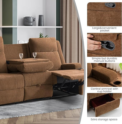 75'' Manual Reclining Sofa with Storage Drawer, 3 Seat Wall Hugger Recliner Couch with Cup Holders, Side Pockets, Chenille Fabric, Compact 3-Person Recliner for RV, Living Room, Apartment (Brown)